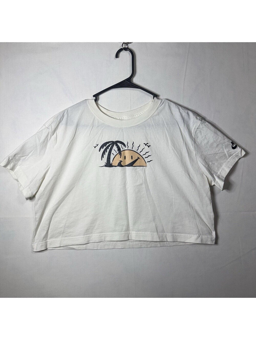 Nike Womens Cropped T-Shirt Large White Palm Tree Sunshine Swoosh Graphic Tee